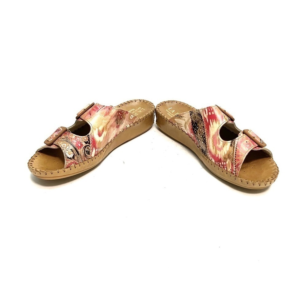 Vintage Y2K deadstock brown leather pink printed buckle wedge walking sandals - Picture 5 of 8